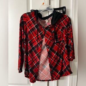 No Boundaries Red and Black Plaid Hooded Flannel